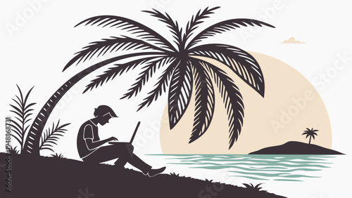 Digital nomad working on laptop under palm tree at sunset beach