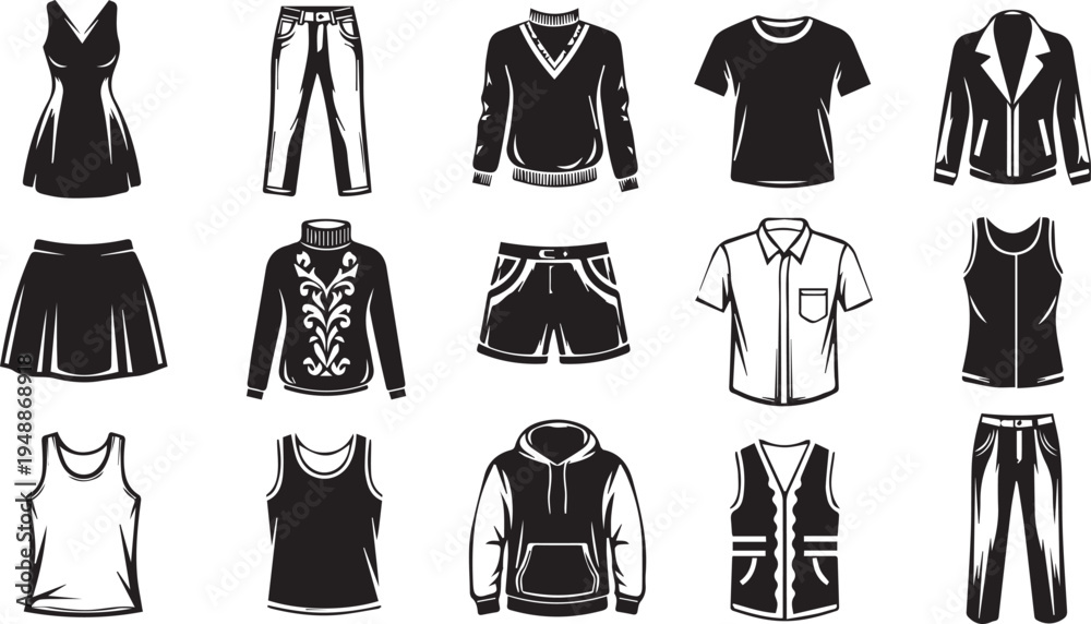 Naklejka premium Fashion Clothing Vector Icon Set – Dresses, Shirts and Pants