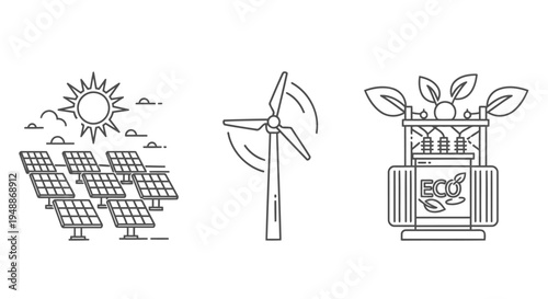 Renewable Energy Vector Icons Set - Solar Panels, Wind Turbine, and Eco Power Transformer. Clean Line Art Illustration for Sustainable Technology and Green Industry.