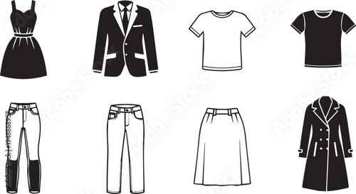 Clothing Icon Set – Black and White Background Vector Collection of 8 Fashion Symbols