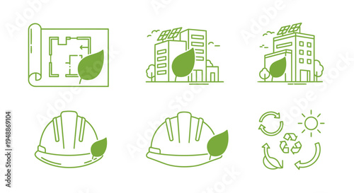 Green Construction and Sustainable Building Icon Set - Eco-Friendly Architecture, Solar Energy, and Circular Economy Linear Icons