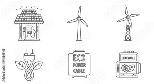 Renewable Energy and Sustainable Power Icon Set: Eco-Friendly Line Art Symbols for Solar, Wind, and Green Technology