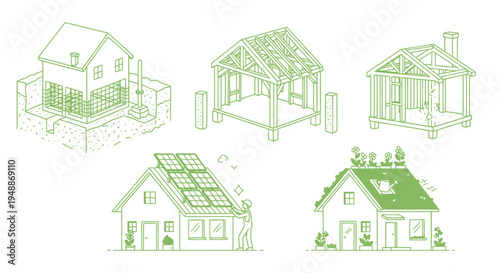 Sustainable House Construction Stages Vector Illustration Set: Foundation, Framing, Solar Panels, and Green Roof Line Art