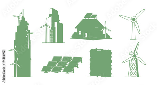 Eco-Friendly City Infrastructure and Renewable Energy Vector Illustration Set: Sustainable Architecture, Solar Panels, Wind Turbines, and Green Vertical Gardens