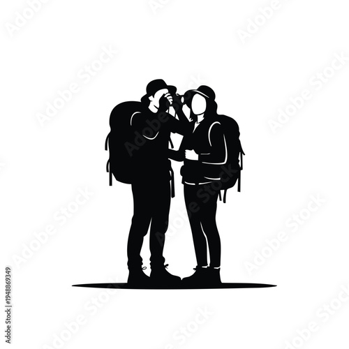 Two people exploring outdoors silhouette using binoculars adventure travel