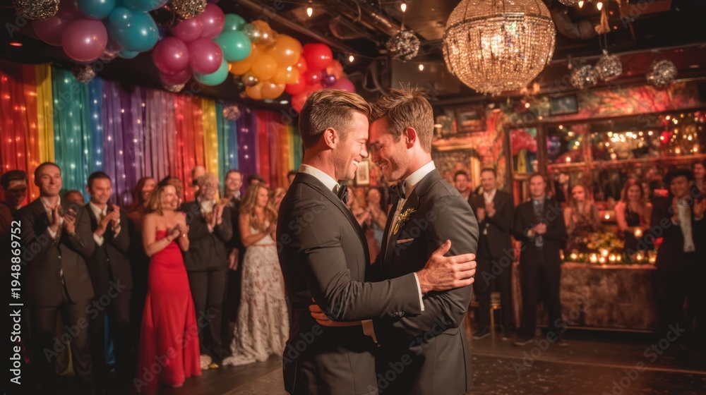 Obraz premium A happy gay wedding couple sharing their first dance at their wedding reception, surrounded by rainbow decor.