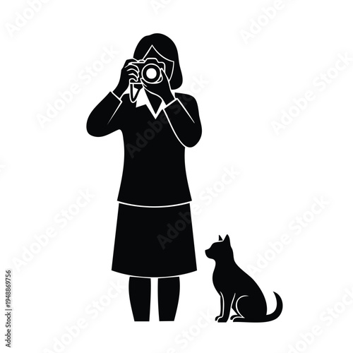 Woman photographer standing taking photo of cat silhouette vector art
