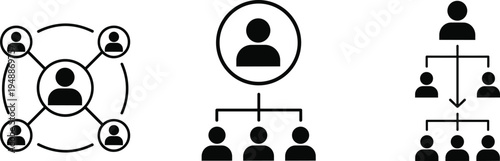 Team structure and leadership hierarchy icons set vector illustration for organization management, teamwork network and business structure concept