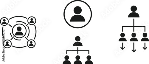 Team leadership and organizational hierarchy icons set vector illustration for business management, teamwork structure and corporate network concept