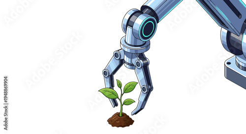 Close-up of a robotic arm gripper precisely holding a young green seedling in brown soil, symbolizing precision agriculture on an isolated white background.