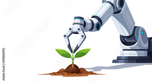 Robotic arm carefully holding a small green seedling with roots in brown soil, representing agriculture technology on an isolated white background.