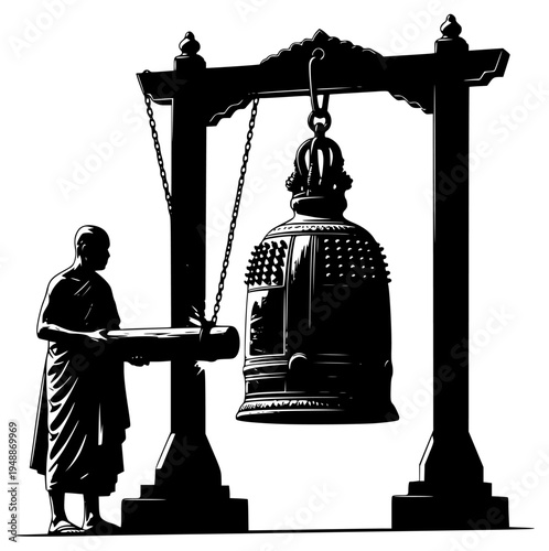 in front of a large bell, holding a scroll, balance, black, builder, clock, deity, footstall, illustration, lift, man, monk, person, pillar, profile, robe, scale, stand, against transparent background