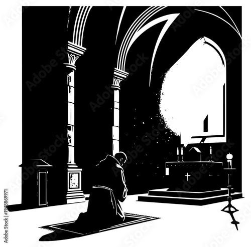 ow, altar, black, builder, chapel, church, church bench, cross, death, footstall, gothic, illustration, man, person, pillar, prayer, preacher, religion, religious, robe, against transparent background