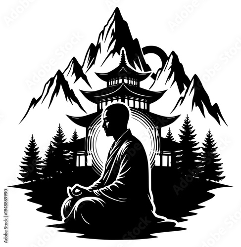 pagoda surrounded by mountains, art, black, buddha, floor, illustration, man, meditation, monk, mountain, mountain landscape, pagoda, person, profile, robe, sit, temple, against transparent background