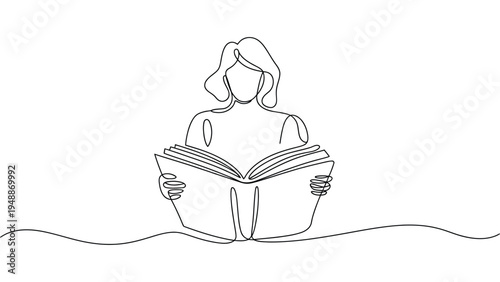 minimal woman reading book continuous line art education concept simple female reader outline knowledge learning minimalist illustration