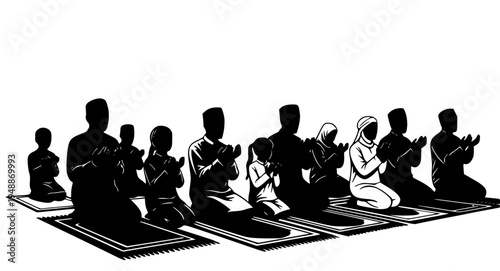 p of silhouettes of people praying in front of a mosque, black, carpet, city, city skyline, floor, illustration, mat, meditation, person, prayer, profile, religion, sit, against transparent background