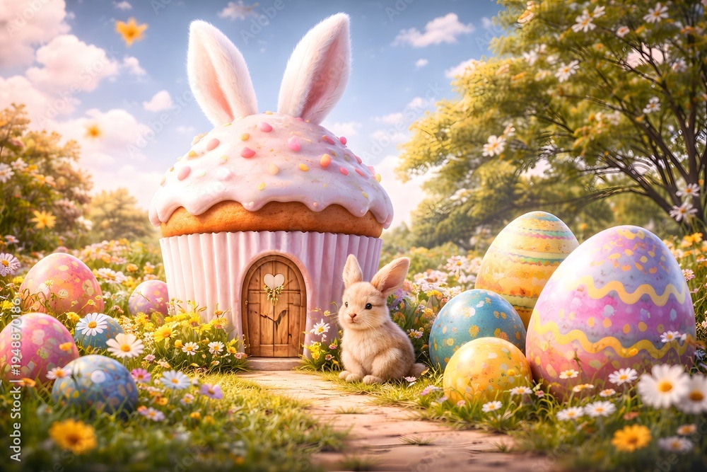 Obraz premium Sweet bunny sitting by a whimsical cupcake house surrounded by colorful easter eggs and spring flowers