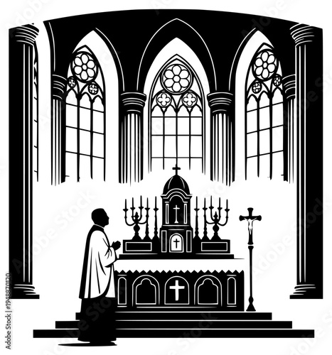 urch setting, altar, black, candle holder, chapel, church, church bench, footstall, gothic, illustration, man, pillar, prayer, preacher, profile, religious, robe, stand, against transparent background