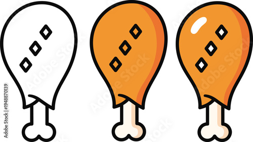 Fried chicken drumstick icon collection vector illustration of crispy fast food meat pieces for restaurant menu and snack concept