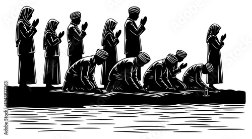 ouetted against , black, boat, builder, canoe, disciple, illustration, leader, man, person, prayer, profile, raft, religion, religious, robe, rowboat, sea, stand, water, against transparent background