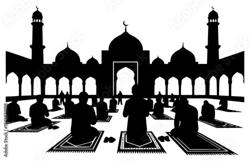 e with silhouettes of people praying, black, carpet, floor, hassock, illustration, man, mosque, person, pillar, prayer, profile, religion, religious, structure, worship, against transparent background