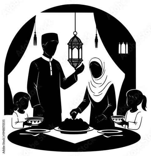  family enjoying a Ramadan meal together, child, dinner, dinning table, family, feast, food, illustration, lamp, man, person, plate, platter, profile, sit, table, woman, against transparent background