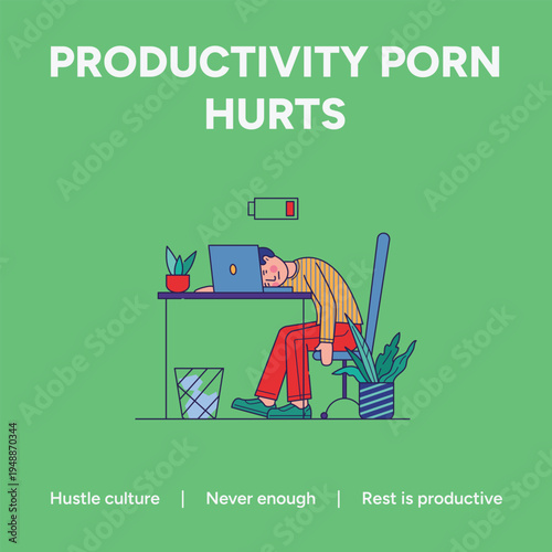 Exhausted businessman graphic illustration showing burnout from excessive work culture near a dying battery symbol demonstrating fatigue from the hustle