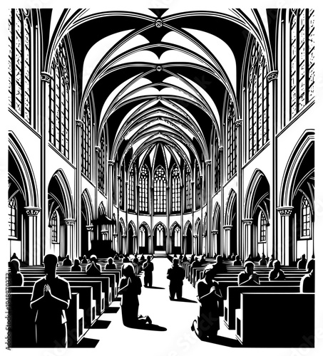 lack and white illustration of a large cathedral with silhouettes of people praying, black, cathedral, church, church bench, gothic, illustration, person, pillar, white, against transparent background