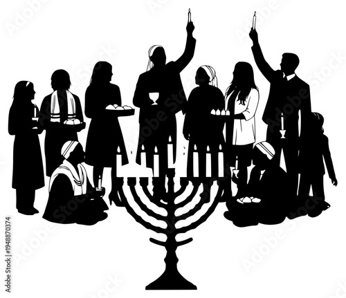 A group of silhouettes of people gathered around a menorah, celebrating hanukkah, candle holder, illustration, person, profile, stand, vacation, against transparent background