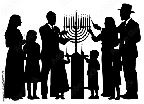 A group of silhouettes of people standing around a menorah, celebrating hanukkah, candle holder, child, family, illustration, man, person, profile, stand, vacation, against transparent background