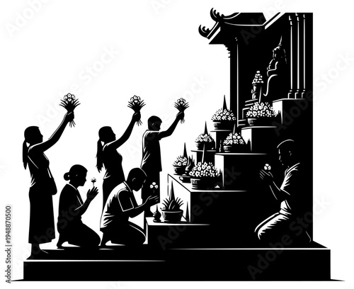 ers to each other in a temple setting, altar, black, deity, florist, flower, footstall, illustration, man, person, pillar, prayer, profile, shrine, stool, temple, woman, against transparent background