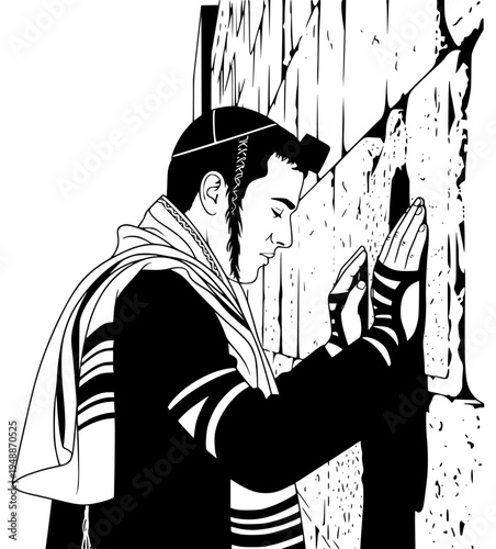 A black and white illustration of a man praying at the western wall, black, cigarette, illustration, man, pirate, sailor, white, wine glass, woman, against transparent background