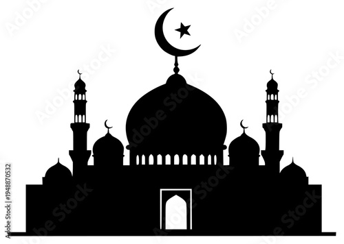 A silhouette of a mosque with a crescent and star on top, black, building, crescent, dome, hassock, icon, illustration, moon, mosque, profile, star, worship, against transparent background