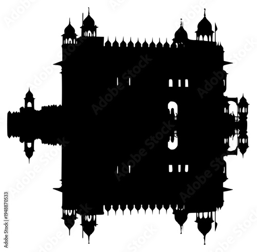 A black and white silhouette of a building with a reflection in water, black, building, castle, fort, illustration, palace, profile, tower, against transparent background