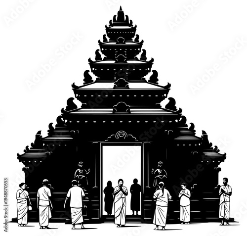 ple with silhouettes of people standing in front, black, building, doorway, illustration, man, monk, pagoda, person, pillar, profile, robe, shrine, stand, temple, white, against transparent background