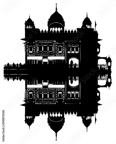 A black and white silhouette of a palace reflecting in water, black, building, illustration, mosque, palace, profile, reflection, water, against transparent background