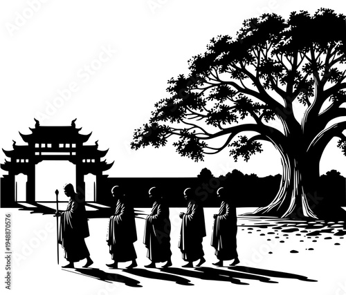 A group of monks walking in a line in front of a large tree and a traditional chinese gate, illustration, man, monk, person, profile, robe, stand, tree, walk, against transparent background