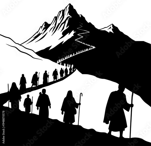 Photos es of people walking on a mountain trail, with mountains in the background, blac