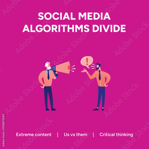 Vector graphic illustration shows social media algorithms dividing people illustrating the concept of echo chambers and polarization through shouting and extreme communication styles