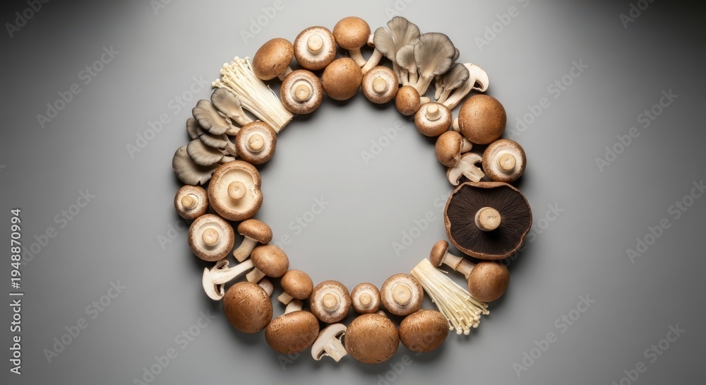 Obraz premium Assortment of fresh mushrooms arranged in a circular wreath on a gray background