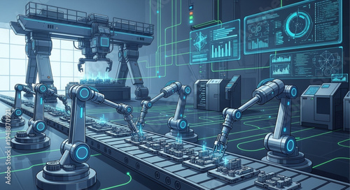 Automated Robotic Arms Working on a Futuristic Assembly Line.