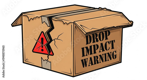 Damaged Cardboard Box with Drop Impact Warning Sign.