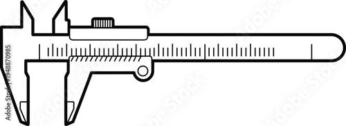 A black and white line of a caliper measuring tool with a sliding scale and jaws line black and white
