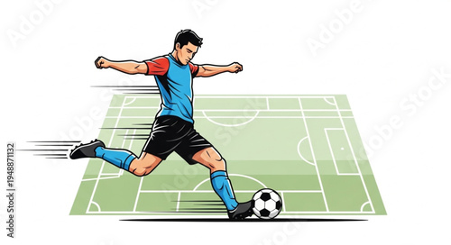 Soccer Player Kicking Ball on Field Illustration.