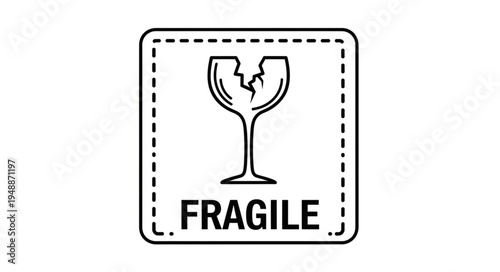 Fragile Warning Label Icon with Broken Glass Symbol.