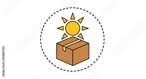 Cardboard box under bright sun symbol.