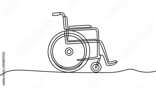Continuous line wheelchair illustration, minimalist accessibility and disability support concept outline drawing isolated on white background
