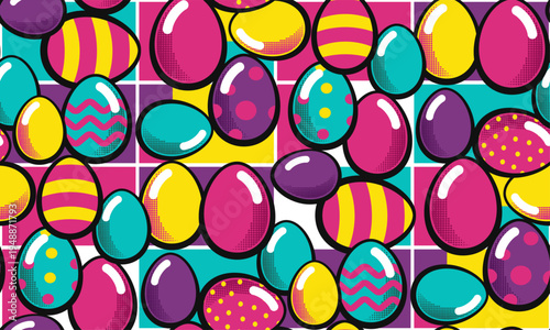 A Pop Art-style pattern of Easter eggs, viewed from different angles.