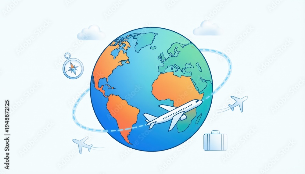 Naklejka premium Global Travel Around the World Concept With Airplane and Globe.