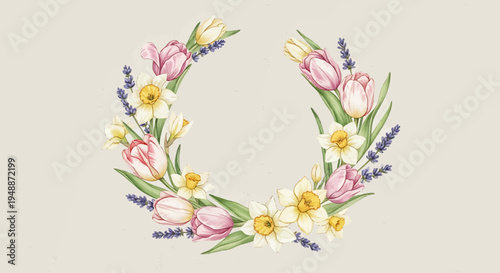 Beautiful floral wreath with tulips and daffodils.
